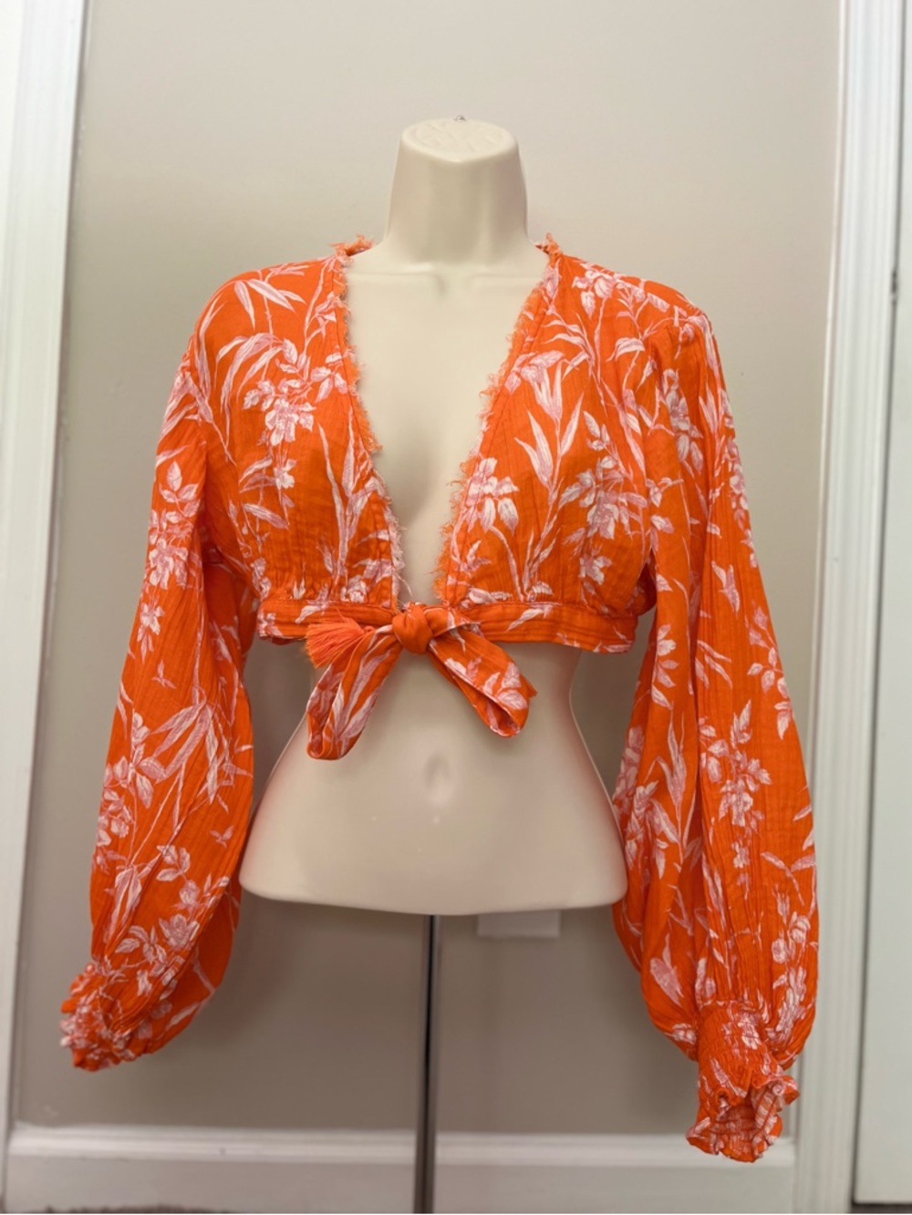 Anthropologie orange and pink floral tropical style summer cotton blouse